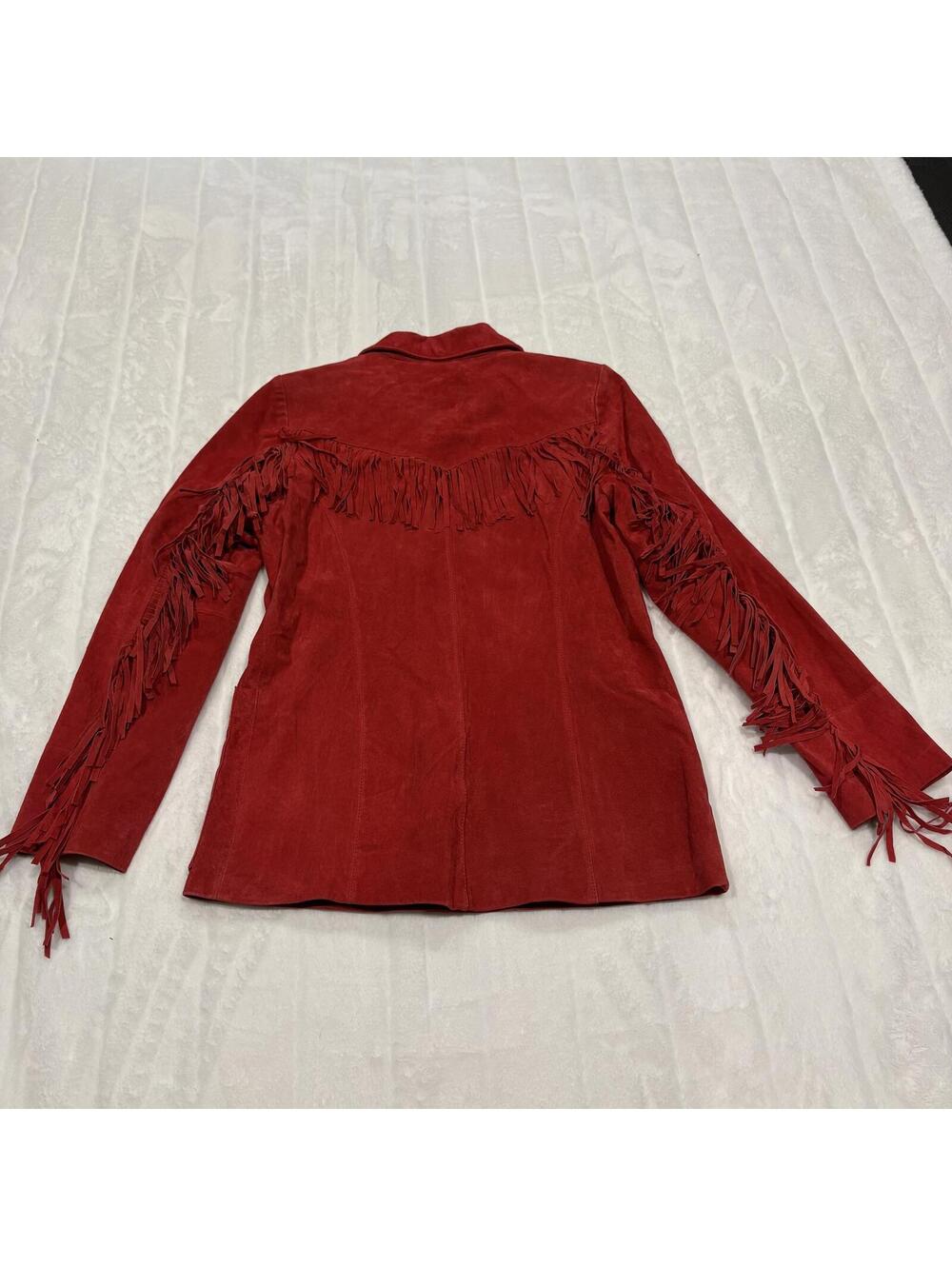 Denim & Co. Women's XS Red Leather Fringe Jacket Suede Stylish Outerwear - Picture 6 of 7